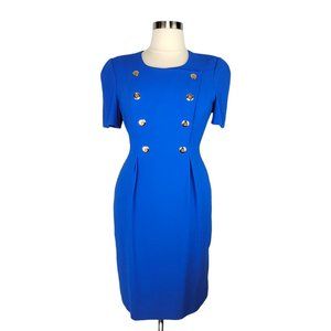 80s LIZ CLAIBORNE Cerulean Blue Crepe Midi Dress Military Inspired Sz 14
